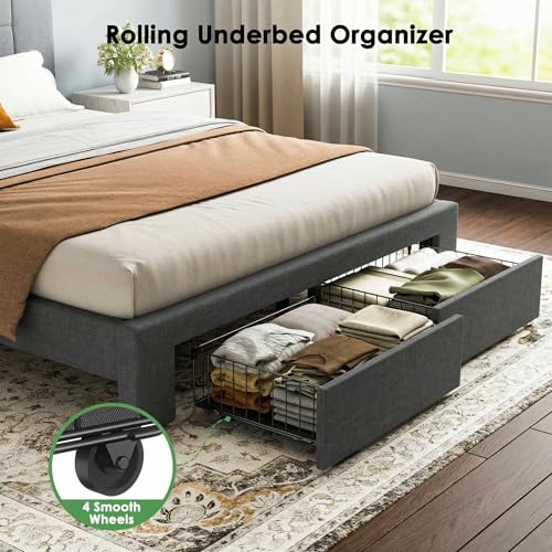 Image of Marsail Queen Bed Frame with 2 Storage Drawers - Upholstered, Adjustable Headboard,6 inch-12 inch Mattress Fit, 1300 lbs Capacity, 12-Leg Sturdy Wood Construction, Easy Assembly, Dark Gray