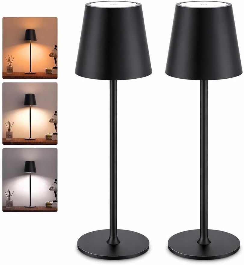 PACK AHORRO 2 Lámparas LED de Mesita de Noche Color Negro para Dormitorio sin Cables I Lámpara Táctil de Mesa de Lectura Recargable I 3 Modos de Luz con Brillo y Altura Ajustable.