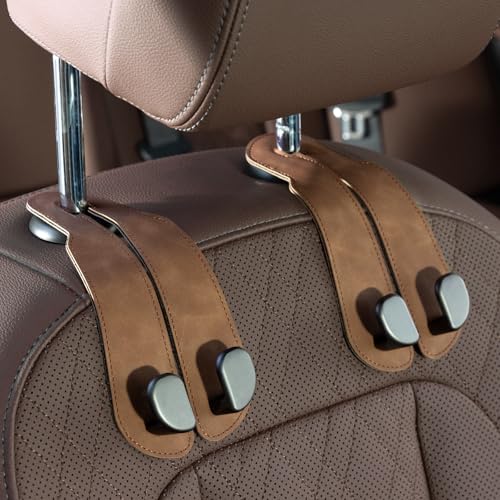 CoBak Purse Hook for Car - Universal Premium Stitched Leather and Aluminum-Magnesium Alloy Double Car Seat Back Storage Hook for Purses, Handbags, Bags (2 Pack),Brown