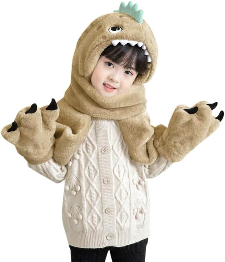 Kids 3-in-1 Dinosaur Hat Scarf Mittens Set Winter Fleece-Lined Furry Hooded Scarf Earflap Hat for Cold Weather