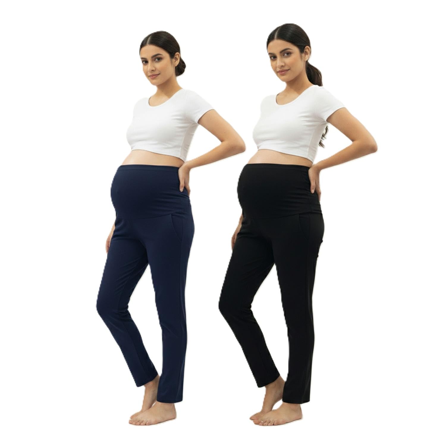 Women Combed Cotton Regular Fit High Rise Maternity Pants - Navy Blue & Black (Pack of 2)-image-1