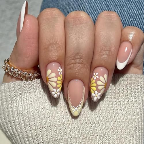 Image of Yellow Flower Press on Nails French Tip Fake Nails with Design Spring Summer Glue on Nails Reusable Artificial Acrylic Full Cover Stick on Nails Medium Almond False Nails for Women Manicure 24Pcs