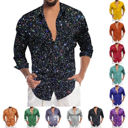 Chemise à paillettes pour homme - Style disco des années 70 - Coupe festive - Nouvel An - Infroissable - Style vintage - Couleur unie - Rave - Fête festive...