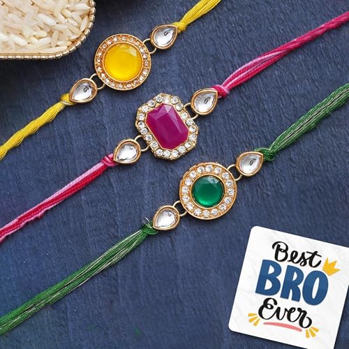 Image of eCraftIndia Set of 3 Pink, Green, and Yellow Kundan Diamond Designer Rakhis, Best Bro Ever Fridge Magnet with Roli Chawal Pack - Rakhis for Brother, Bhabhi, Kids