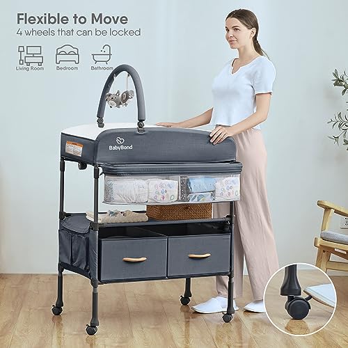 Image of BabyBond Portable Baby Changing Table with 2 Storage Baskets, Foldable Changing Table Dresser Diaper Changing Table Height Adjustable Changing Station for Infant and Newborn(Grey)