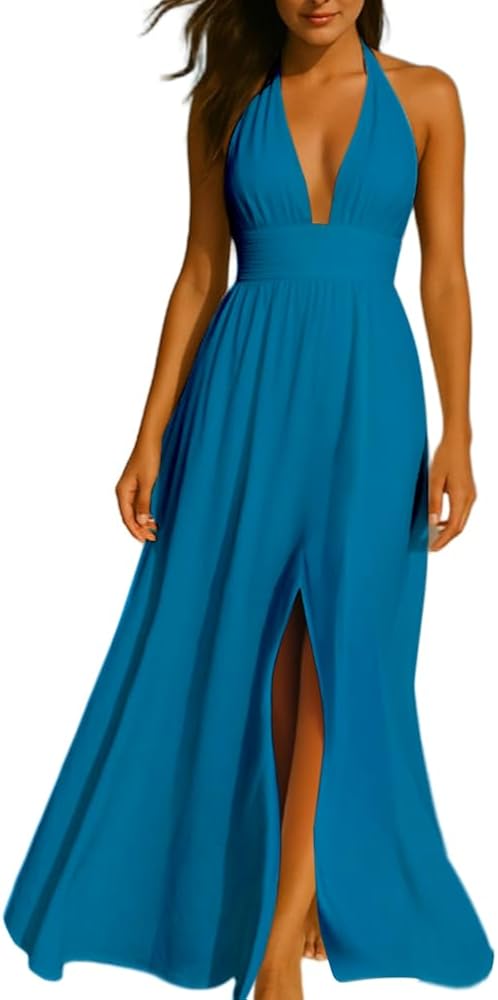 navy blue dress for baby girl Womens Backless Dress Sexy Halter Deep V Neck Maxi Dresses Sleeveless Long  Cocktail Dress with Slit Blue S at Amazon Women's Clothing store