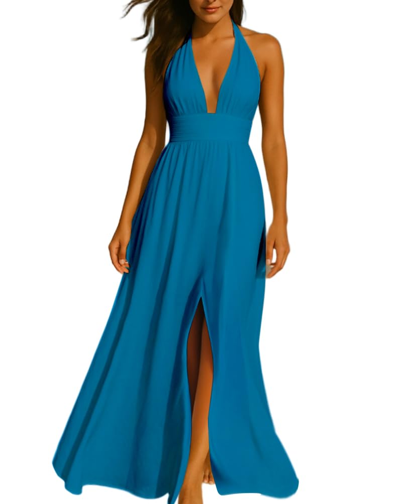 Womens Backless Dress Sexy Halter Deep V Neck Maxi Dresses Sleeveless Long Cocktail Dress with Slit