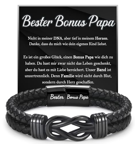 FAOMZQ Bonus Papa Geschenk Lederarmband mit Gravur für Bonus Papa Bedeutungsvolles Armband für Bonus Papa Geschenke für Bonus Papa zum Geburtstag Weihnachten Vatertag