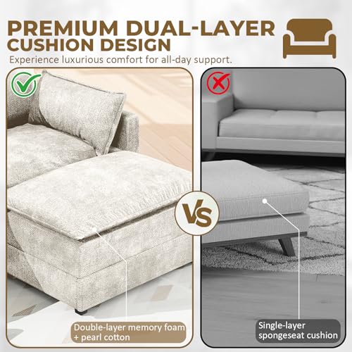Image of LEVELEVE 112.5 inch L-Shape Modular Sofa with 1 Ottomans, Deep Seat Cloud Convertible Sleeper, 3 Throw 2 Arm Pillows, Comfortable Upholstered Furniture for Living Room Apartment, Beige