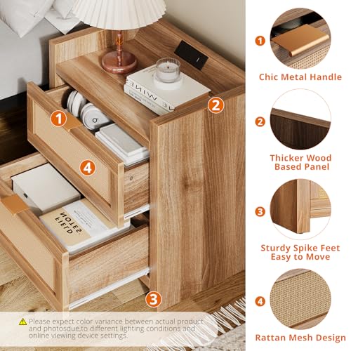 Image of Garvee Night Stand Set of 2, Rattan Nightstands with Charging Station, Boho Bed Side Tables with 2 Drawers, Modern Night Stand for Bedroom, Study, Living Room, Walnut