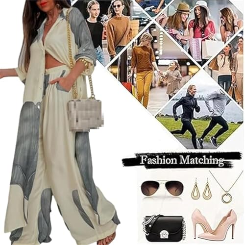 Women's V-Neck Patchwork Printed Top and Pants Commuting Casual Suit Summer Casual Floral Print Top Wide Leg Pant Suit3