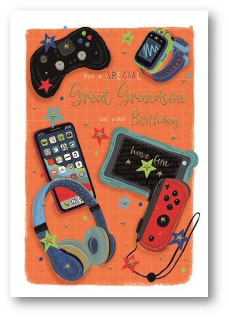 Tarjeta de cumpleaños con texto en inglés «Great Grandson» – Juegos de computadora y tecnología en relieve con papel de aluminio – Fabricado en el Reino Unido por International Cards & Gifts