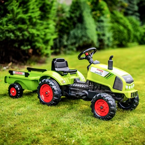 Falk 2041C Trettraktor Claas Arion 410 mit Anhänger und aufklappbarer Motorhaube, Bagger, Tret-Baggerlader, Trettraktor ab 2-5 Jahren, Outdoor-Spielzeug