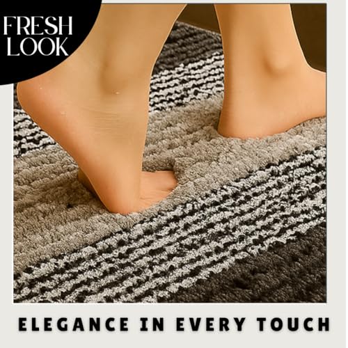 Image of VAS COLLECTIONS Microfiber Solid & Striped Anti-Skid Bath Mats - Pack of 2 (Grey & Black, 35x50 cm)