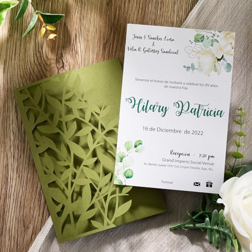 Invitaciones de boda verde oliva cortadas con láser para personalizar impresiones de fiesta 2