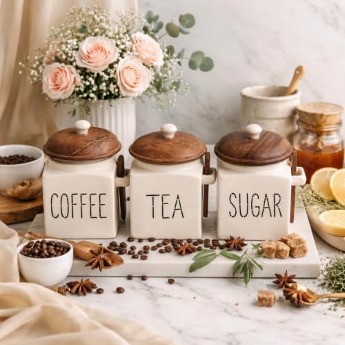 Image of Ivory Ceramic Coffee, Tea & Sugar Storage Jar Set with Wooden Lid & Spoon | Kitchen Airtight Containers (750ml each)