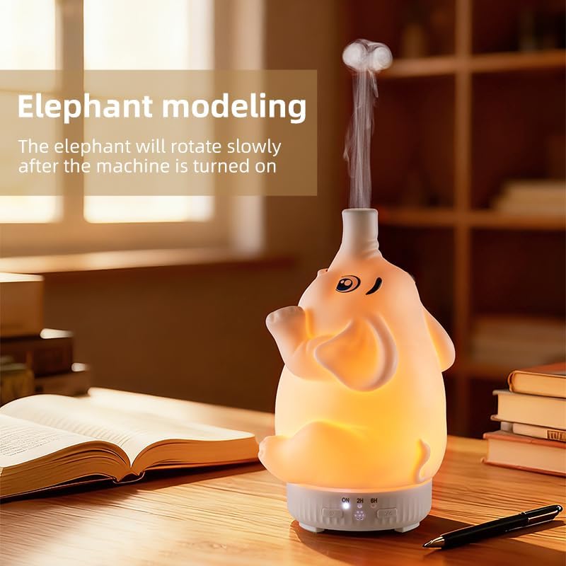 Morbou Rotating Elephant Diffuser with Color Gradient Light, Ultrasonic Silent Essential Oil Diffuser for Home Bedroom and Office, Cute Decorative Humidifier with Remote Control
