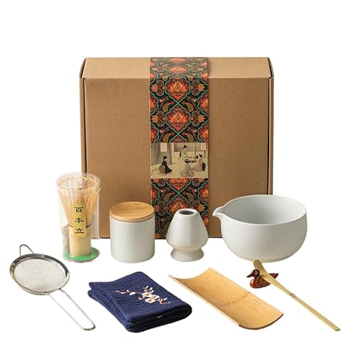 BRZU 抹茶ティーセット 9点ティーセット 初心者向け 予約販売セット 抹茶 陶器茶碗 茶筒 茶さじ 茶匙 茶さじ 白本利茶筅 茶巾 茶托 抹茶茶道セット 母の日・父の日のギフトセット 500ml ピンク (ホワイト)