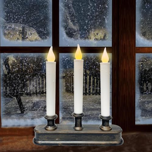 Image of Battery Operated LED Window Candles - 3 Light Flameless Taper Candles with Dusk to Dawn Sensor, 9 Inch Christmas Window Candle Lights with Flickering Amber Flame for Indoor Table Window Holiday Decor
