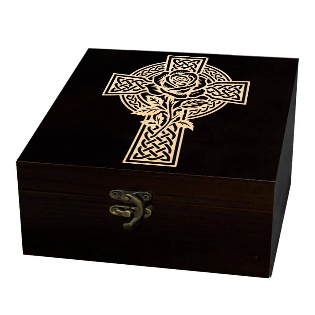 arricraft 1 Pc Wooden Keepsake Storage Box, Knot Cross Rose Pattern Square Pine Memory Box for Anniversary Jewelry Board Storage 12x12x6cm (4.72x4.72x2.36 inches)