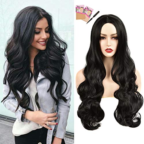 Long Black Wig - 24 Inches #1B Wavy Synthetic Long Wigs for Women, Upgrade Middle Part Full Machine Made Black Wigs for Women