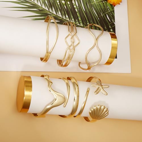 COLOYAN 6PCS Gold Cuff Bracelets Cuff Bangles for Women 14K Gold Plated Twisted Cross Cuff Wire Simple Multilayer Open Thin Bangle Beach Vacation Cuff Bracelets Set2