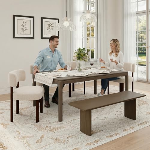 COLAMY Mid-Century Modern Sherpa Dining Chairs Set of 2, Vintage Farmhouse Boucle Kitchen Chairs with Open Curved Backrest, Teddy Wood Dining Chairs for Dining Room, Restaurant, Oatmeal by COLAMY - Used condition - Image 3
