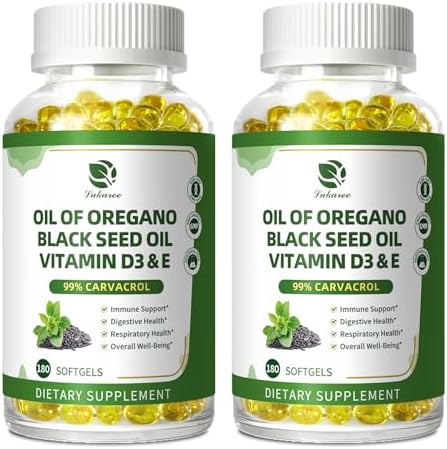 Lukaree Organic Oregano Oil Capsules with Black Seed Oil, Ultra-Concentrated 99% Carvacrol, 5-in-1 with Vitamin D3 E Black Pepper, Immune, Respiratory, Digestive & Antioxidant*, 180 Softgels, 2 Pack
