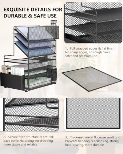 Image of WALI Desk File Organizer, 7 Tier Desktop Paper Letter Tray Organizer with Drawer and 3 Pen Holders, Office Desk Accessories & Workspace Organizers for Office, Home, School Supplies, 1 Pack, Black