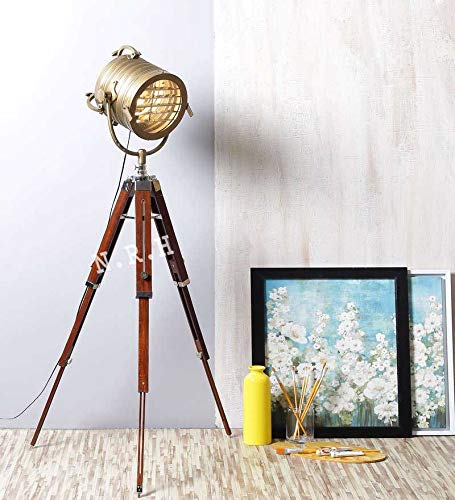Nautical Replica Hub Antique Brass Tripod Floor Lamp Wooden Stand Living Room Decor