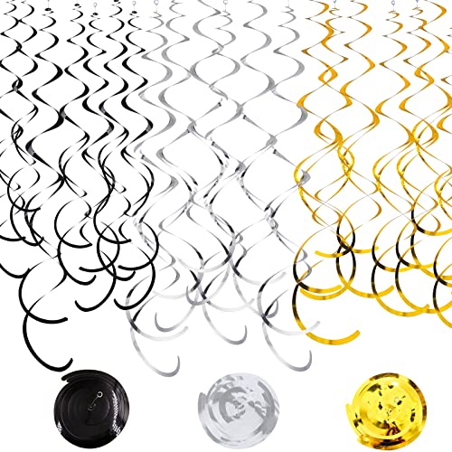 Image of 30Pc Gold Silver and Black Party Party Swirl Decorations Foil Swirl Hanging Decoration Plastic Streamer for Ceiling 22 in