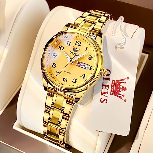 OLEVS Luxury Ladies Watches,Women's Watch with Day and Date,Female Watch for Small Wrist,Gold Stainless Steel Watches for Women,Easy Read Ladies Wrist Watches Waterproof(Adjustable Strap3