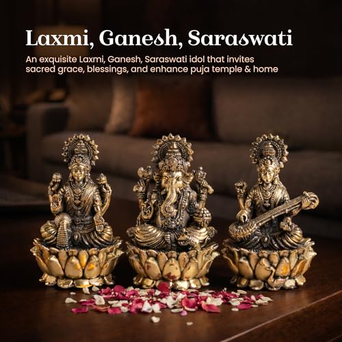 Image of Habere India-All the Cultures Fabricating India Brass Lakshmi Ganesh Saraswati Idol Set for Pooja Room | Pure Brass Lakshmi Ganesh Saraswati Murti for Home (Design04: L5 x W5 x H8 cm)