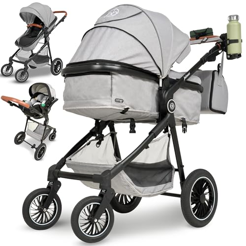 Kinderwagen 3 in 1 [Babywagen & Autositz] mit Babyschale Fahrgestell Kombi als Set | Stroller Baby | Isofix Station & 5-Punkt Sicherheitsgurt Kinderwagen Buggy Reisebuggy Buggys | Babywagen