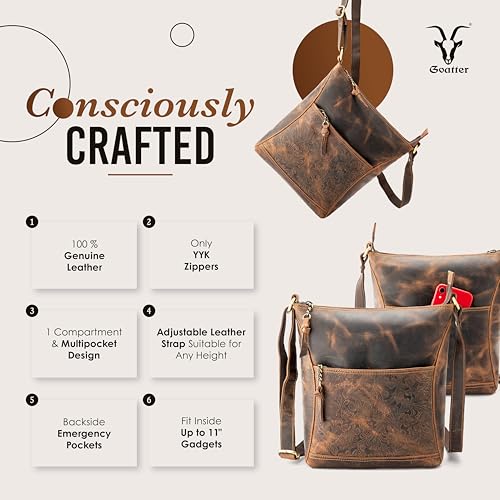 Image of Goatter Hunter Leather 11 inch Inch Sling Cross-Bodybag /Shoulder Bag For Girls And Women, Brown