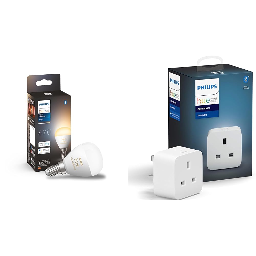 Philips Hue Philips Hue White Ambiance Luster Smart LED Light Bulb 1 Pack [E14 Edison Screw] & Smart Plug for Smart Home Automation. Works with Alexa, Google Assistant and Apple Homek