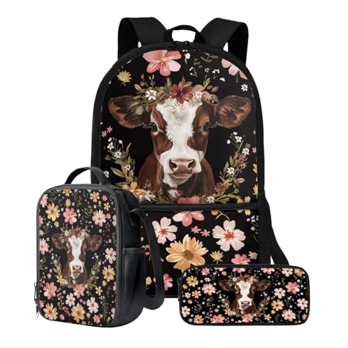 Vintage Floral Cow Print Kids Backpack Set with Lunch Box Pencil Case, 3 PCS Lightweight Schookbag for Girls Boys, Waterproof Elementary Student Bookbag for Kindergarten or Daycare