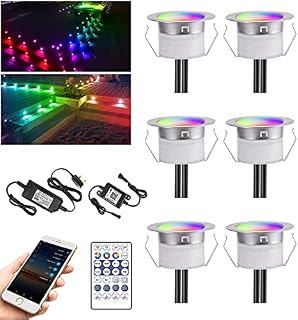 LED Decking Lights RGB WiFi Multicolor Chasing Effect Waterproof IP67 Timing Music Sync Ø45MM DC12V Work with Alexa/Google Home Recessed Deck Lights for Christmas/Steps/Path/Kitchen/Garden-6 Pack