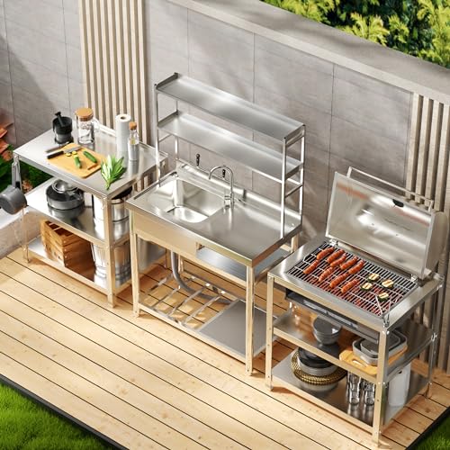 ROOMTEC 304 Stainless Steel Utility Sink Set, Single Bowl Commercial Sink with Drainboard and Hanging Tools for Kitchen, Garage, Laundry Room (Left bowl)