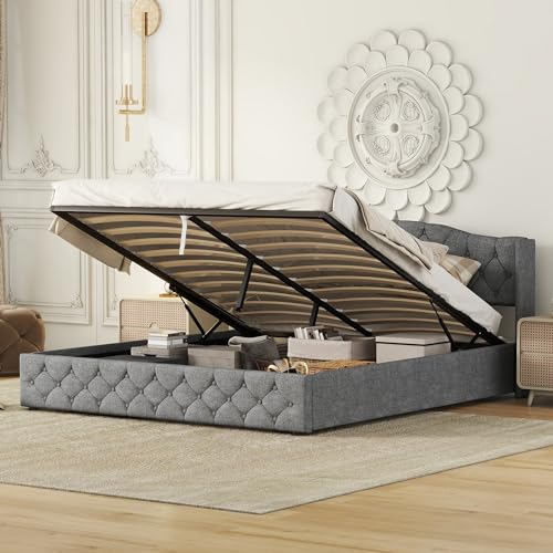 Becag Doppelbett 180x200, Polsterbett mit Stauraum, Bett mit Lattenrost, Hydraulischer Bettrahmen Stauraum Betten, Rückenlehne Bett Stauraumbett Funktionsbett Jugendbett, Grau Leinen, Ohne Matratze – Bild 5