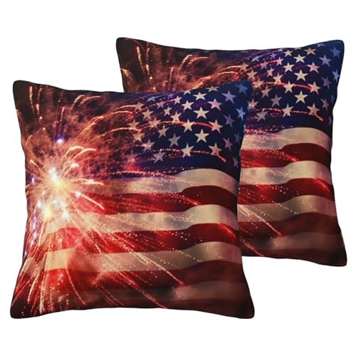 Coussin décoratif lin moderne drapeau américain et feux d'artifice 45 cm - 3