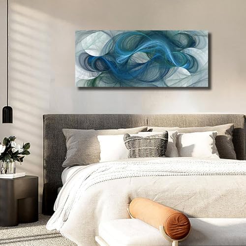 Art abstrait bleu et vert : grand tableau de lignes dessins vortex rotatif 30x75cm - 3