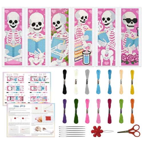 Image of ACRNIGHEET 6PCS Cross Stitch Kits Stamped Cross Stitch Bookmark Kit for Beginner Adults Skull Reading Embroidery Bookmark Kit Needlepoint Kits with Instructions Book Lovers Craft Gift 8.5''x3'' 11CT