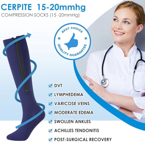 Image of cerpite Zipper Compression Socks, 2 Pairs 15-20 mmHg Closed Toe Compression Stockings for Men Women