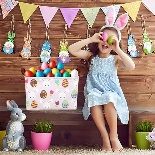 Image of Large Empty Easter Basket for Kid Pink Fabric Personalized Bunny Eggs Easter Gift Basket for Boy and Girl (Rabbit Easter Egg Tulip)