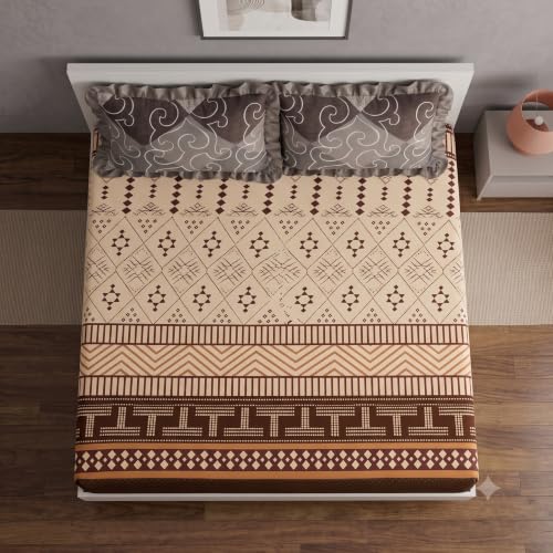 Image of DECOMIZER 300 TC Soft Cotton Feel Microfiber All Around Elastic Fitted Super King Bedsheet with 2 Frill Pillow Covers King Size (72x78) Fits Upto 12 inches Mattress | Coffee T