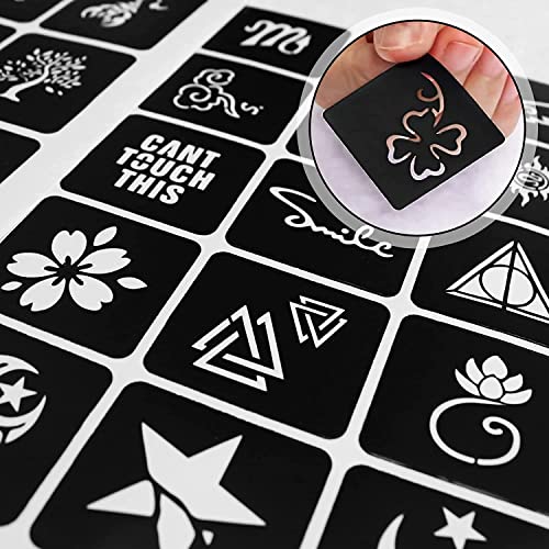 622+ Tattoo Schablone Kit, 20 Blatt Henna Schablonen Wiederverwendbare Temporäre Tattoo Schablonen für Frauen Mädchen Teens Face Paint Body Art Glitter Tattoo Schablonen