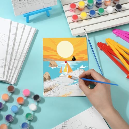 Blosssound 10 Set Pre Printed Canvas Pre Drawn Canvas Painting with Easel Kits 5" x 7" Outline Painting Panels for Beginners, DIY Craft Project, Party Favor, Home Decors(Summer) - Thumbnail 2
