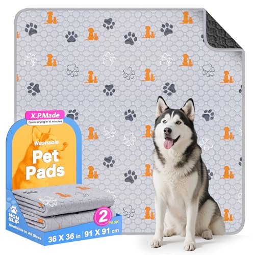 X.P.Made Washable Pee Pads for Dogs 2 Pack Reusable Puppy Pads Waterproof Pet Pee Pads for Dog Potty Training Extra Large Dog Pee Pads for Crate Playpen and Whelping Orange 36x36