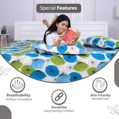 Image of Divine Casa 144 TC Cotton Double Bedsheet with 2 Pillow Covers | Soft Comfortable Bedsheet for Double Bed | Breathable Printed Bedding Set | 222 x 254 cm (Aqua Green, Floral)